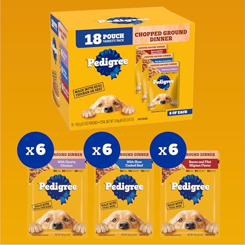 Image of Pedigree Chopped Dinner Wet Dog Food Pouch, Variety Pack, 3.5 oz, 18 Count | Chicken, Beef, Bacon & Filet Mignon, no added sugar, no artificial flavors, serve as topper or complete meal, steam cooked