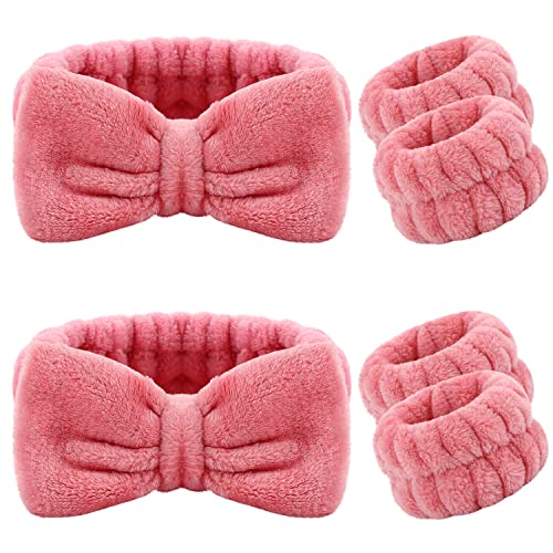 6 Pieces Spa Headband Wrist Washband Scrunchies Cuffs for Washing Face, Towel Wristbands Hair Headband Face Wash Wristband for Women Girls Makeup Prevent Liquids from Spilling Down Your Arms (Pink)