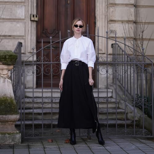 Women's A-Line Maxi Skirt with Belt and Pocket, Ankle Length, Black2