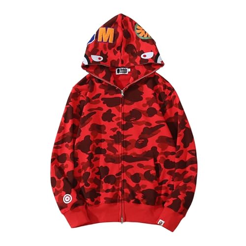 EXXE&OYYO Men's Shark Hoodie,Cotton Material Shark Jaw Jacket Ape Camo ​Full Zip Jacket Up (Red,Small,Small)