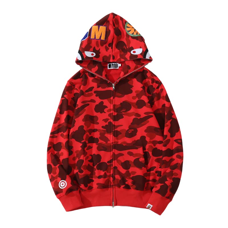 EXXE&OYYO Men's Shark Hoodie,Cotton Material Shark Jaw Jacket Ape Camo Full Zip Jacket Up