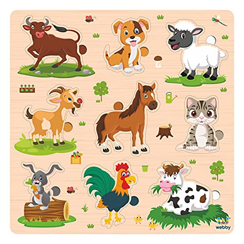 Image of Webby Wooden Farm Animals Montessori Educational Pre-School Puzzle Board Toy for Boys and Girls, Kid