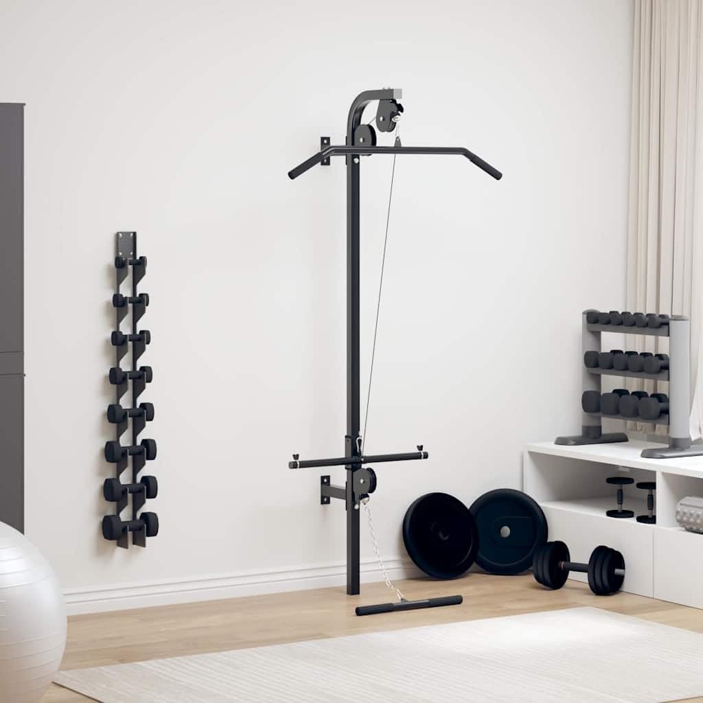 Gimnasio en casa de Pared con 2 poleas, Deportes Fitness y musculación Barras para Flexiones y dominadas, Negro, 12kg