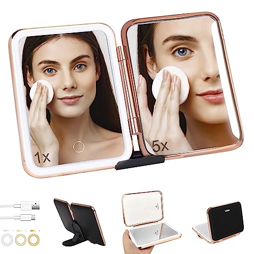 Omobolanle Travel Makeup Mirror, Desk Mirror With Light, 5X Magnifying Mirror With Auto-Off Lights And Stand, Rechargeable Portable Folding Led Vanity Mirror, Gift For Mother Black #TOP9