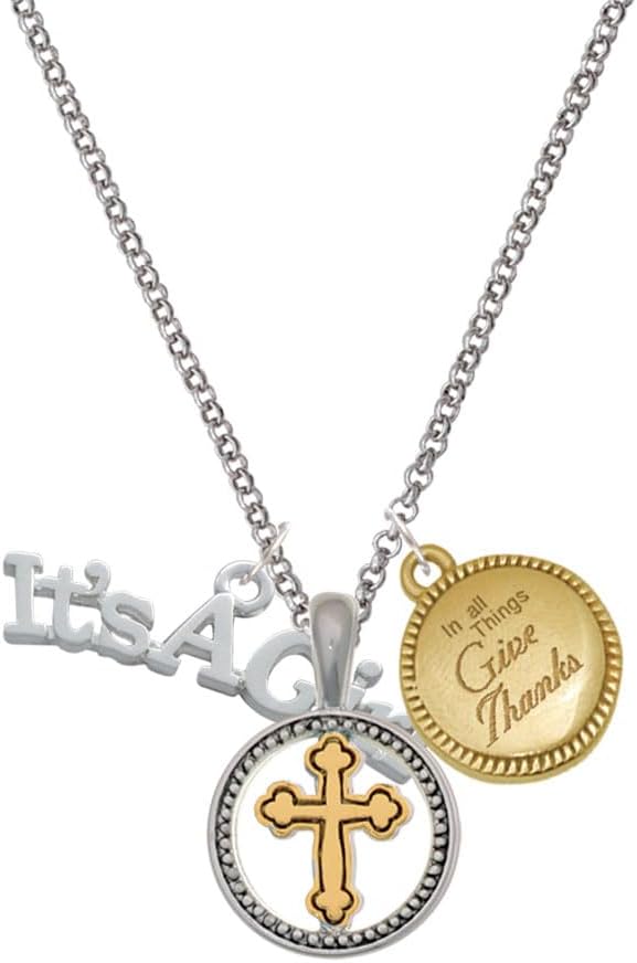 Delight Jewelry Silvertone Large New Baby Gender Reveal Two-tone Give Thanks to God Cross Pendant Necklace, 23"