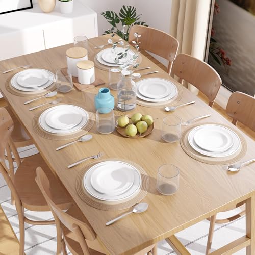 Image of Dining Table Mats Set of 6 | Cotton Table Mat 32 cm Diameter, Encasa XO Washable Round Table Mats, Heat Resistance Dining Table Placemats, Handmade Ribbed Style for Centre Table, Off White & Beige