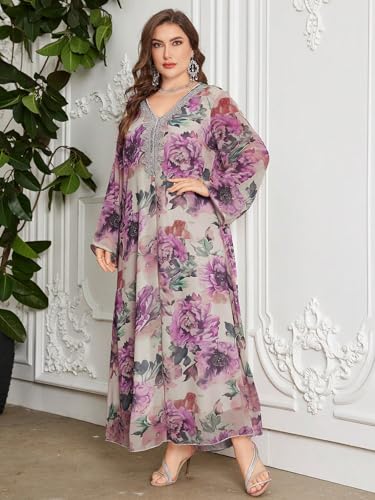 Image of Spring Summer 2024 Plus Size Womens Dresses V Neck Casual Elegant Long Sleeve Floral Print Maxi Dress