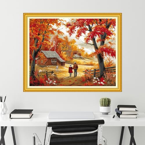 Image of Funchey Stamped Cross Stitch Kits, DIY Cross Stitch Pattern for Adults Beginners Needlepoint Kits Embroidery Kit Arts and Crafts 11CT-Autumn Outing for Couples 16x20 inch