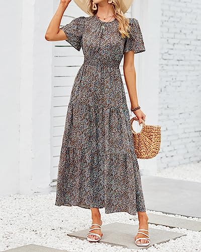 Image of PRETTYGARDEN Women's Casual Smocked Boho Floral A-Line Maxi Dress 2026 | Summer Short Flutter Sleeve Crewneck Tiered Long Sundress,Fall Wedding Guest Dresses,Spring Cute Flowy Beach Vacation Clothes