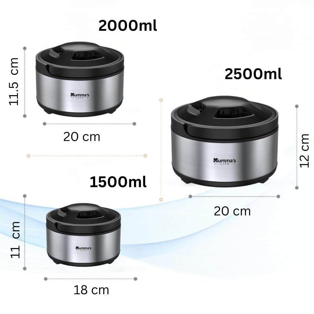 Mumma's LIFE Stainless Steel Thermosteel Casserole Set of 3 for Kitchen| hot boxes for kitchen, Up to 2 Hour| Hot Box Pack of 3 (1500 ml, 2000 ml, 2500 ml)