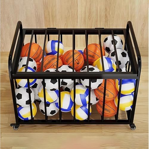 Heavy Duty Black Metal Basketball Storage Cart with Lid and Wheels, Portable Ball Stand for Outdoor, Garage & Sports Equipment Organization