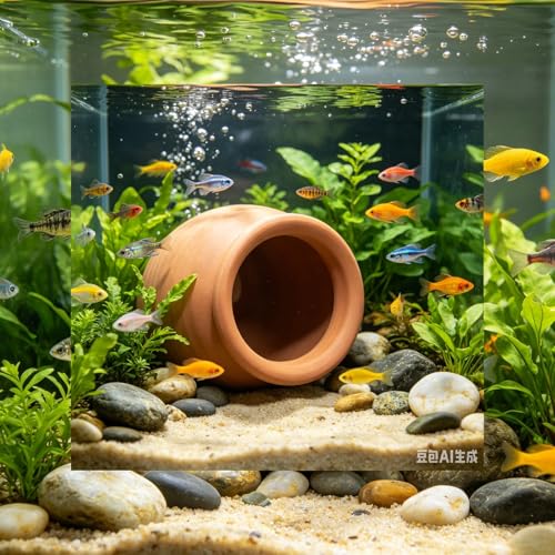 Image of Saim Natural Clay Ceramic Cave Pot - Aquarium Fish Tank Decor Hideout for Betta Shrimp Cichlid Small Fish Breeding & Hiding Shelter Cute Ornament Aquatic Habitat- Large