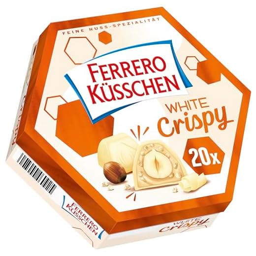 Ferrero Küsschen White Crispy – Knackig geröstete Haselnuss in heller Creme mit knusprigen Crispies, umhüllt von weißer Schokolade – Ostergeschenk – 1 Packung à 20 Einzelpralinen