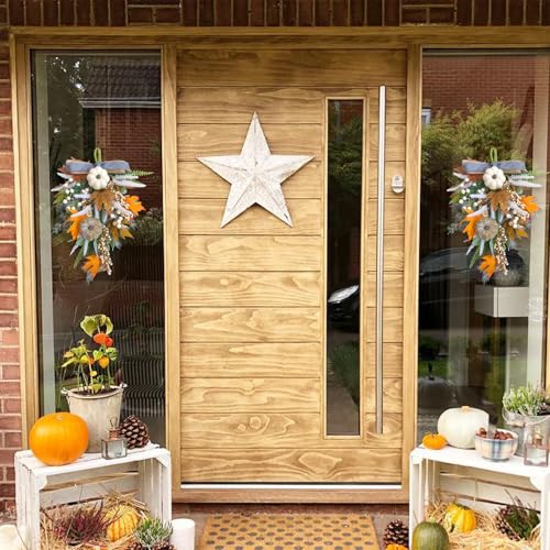 Image of 2PCS Fall Teardrop Swags 20inch Thanksgiving Wreath, Eucalyptus Berries Pumpkins Lamb Ears Leaves Autumn Wreaths for Front Door, Fall Decor, Porch Wall, Home Outdoor Holiday Decorations (C)