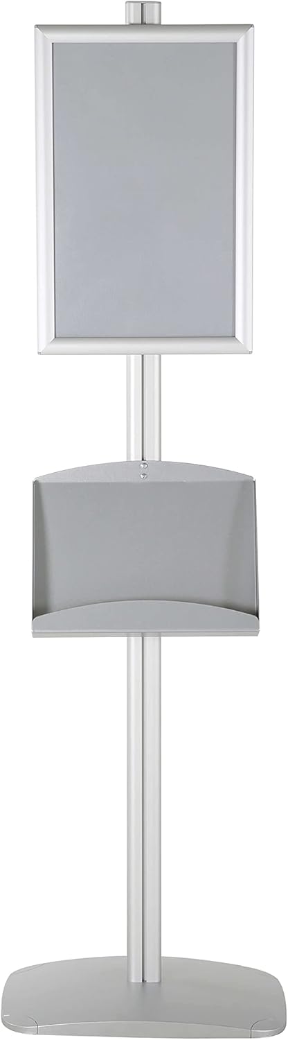 M&T Displays Free Standing Aluminum Display Stand Single Sided Brochure Sign Holder Front Loading Portrait Landscape Silver Snap Frame 1x(11x17) and Metal Tray Shelf 2x(5.5x8.5) Inch Capacity