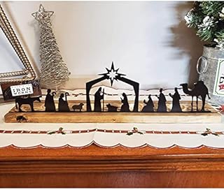 Pumpumly Nativity Scene Nativity Sets, Christmas Indoor Black Metal Nativity Set with Wood Base, Figuras Little People Nativity Set Willow Tree Nativity for Christmas Table Decoration