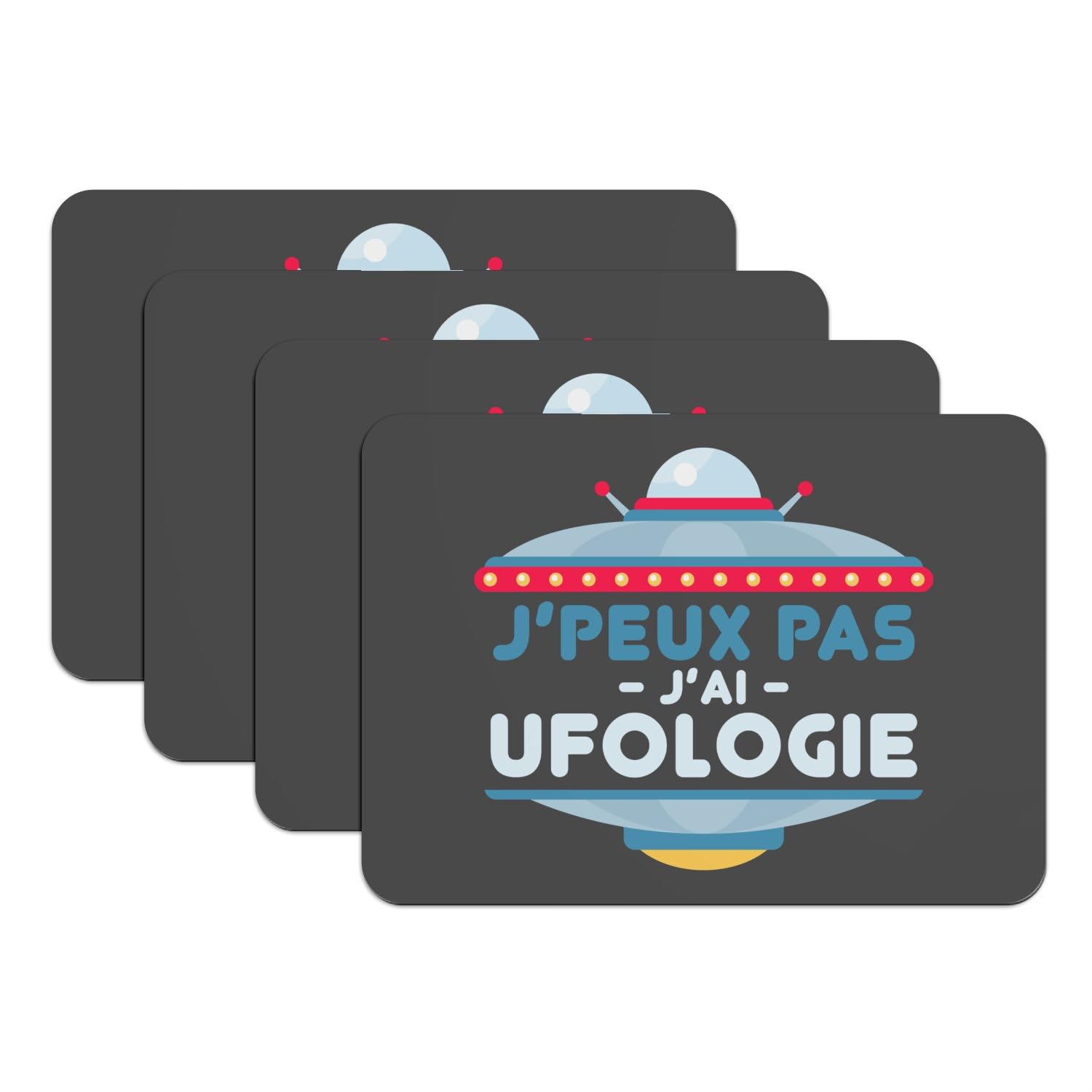 Set de table OVNI J'Peux Pas J'Ai Ufologie en caoutchouc noir grand format lot de 4