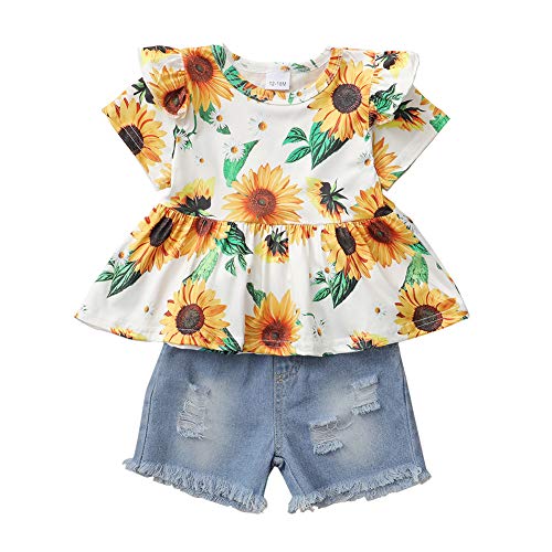 Image of CARETOO 3Pcs Baby Girls Clothes Outfits Set, Girl Short Sleeve Top Sunflower Short Pants with Headband