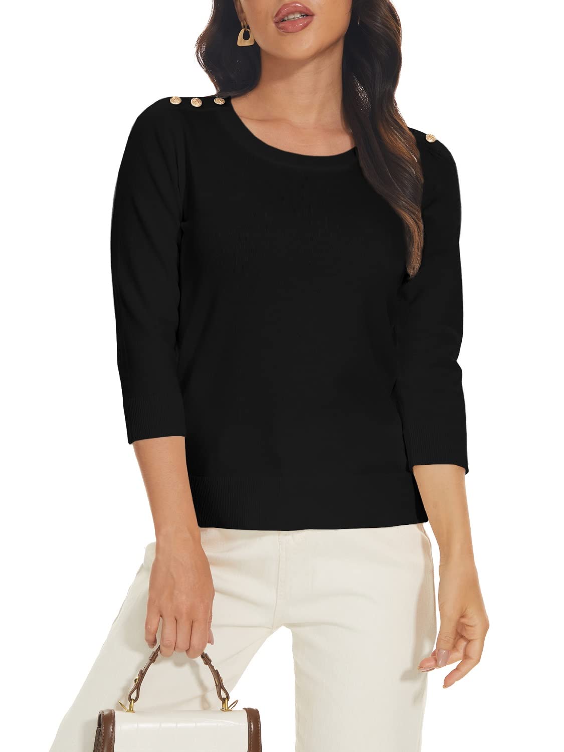 Spicy Sandia Women's 3/4 Sleeve Crewneck Sweaters with Shoulder Buttons