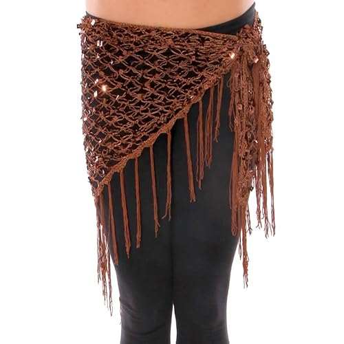 Ymnilian Belly Dance Hip Scarf,Belly Dance Skirt Green/Gold/Silver Belly Dance Accessories Shining Crochet Belt Sequins Hip Scarf Tassel Wraps For Bellydance Handkerchief(Brown)