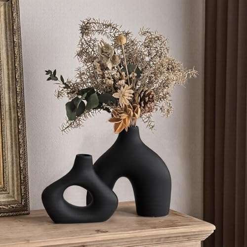 Image of PUREZENTO Abstract Black Ceramic Donut Vase 5.4 & 7.7 Inch - Set of 2 | Decorative Unique Modern Vase for Dried Flowers & Pampas Grass | Vases for Modern Home Decor, Living Room, Office Decor Ideas