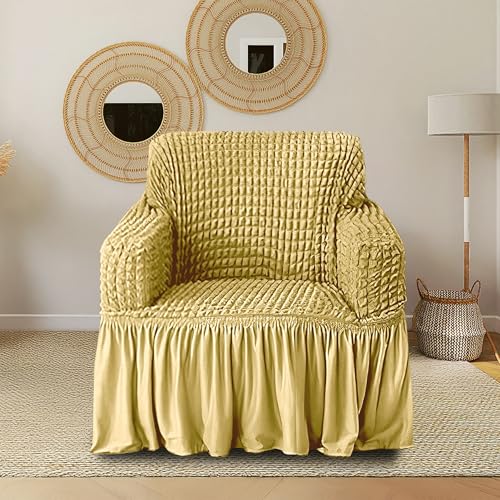 Cortina Polyester Stretch Bubble Sofa Slipcover for Dining Drawing Room, Durable Washable Stretchable, Easy Fit Universal Furniture Protector, Beige - One Seater