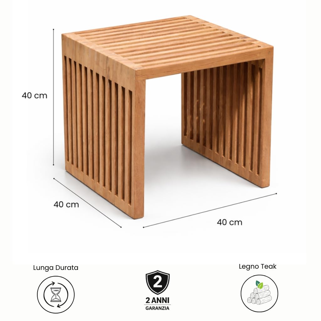 Tavolino da Giardino in Legno Teak Massello | 40x40 cm | Piano a Listelli | Malmo | Arredo Esterno | Resistente alle Intemperie |
