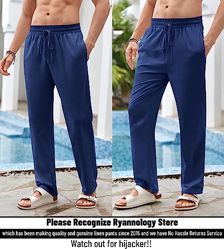 Enjoybuy Mens Summer Cotton Linen Long Casual Pants Elastic, 02-Blue, Size Large2
