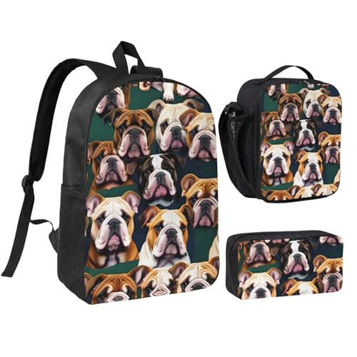 NUYFVG Ensemble sac à dos pratique avec imprimé bouledogue anglais - Sac à déjeuner - Trousse à crayons pour adolescents - Fournitures d'étude