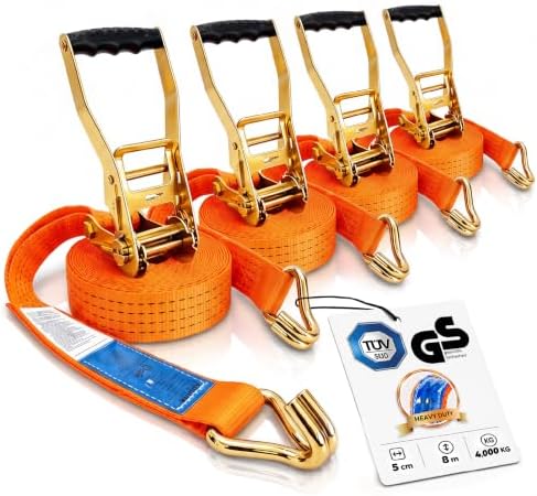 8 Stück Spanngurte 8m x 4000kg mit Ratsche und Haken - 50mm Zurrgurte mit Ratsche - Orange Ratschengurt für Ladungssicherung - TÜV/GS geprüft nach DIN EN 12195-2 - KODIAK STRAPS