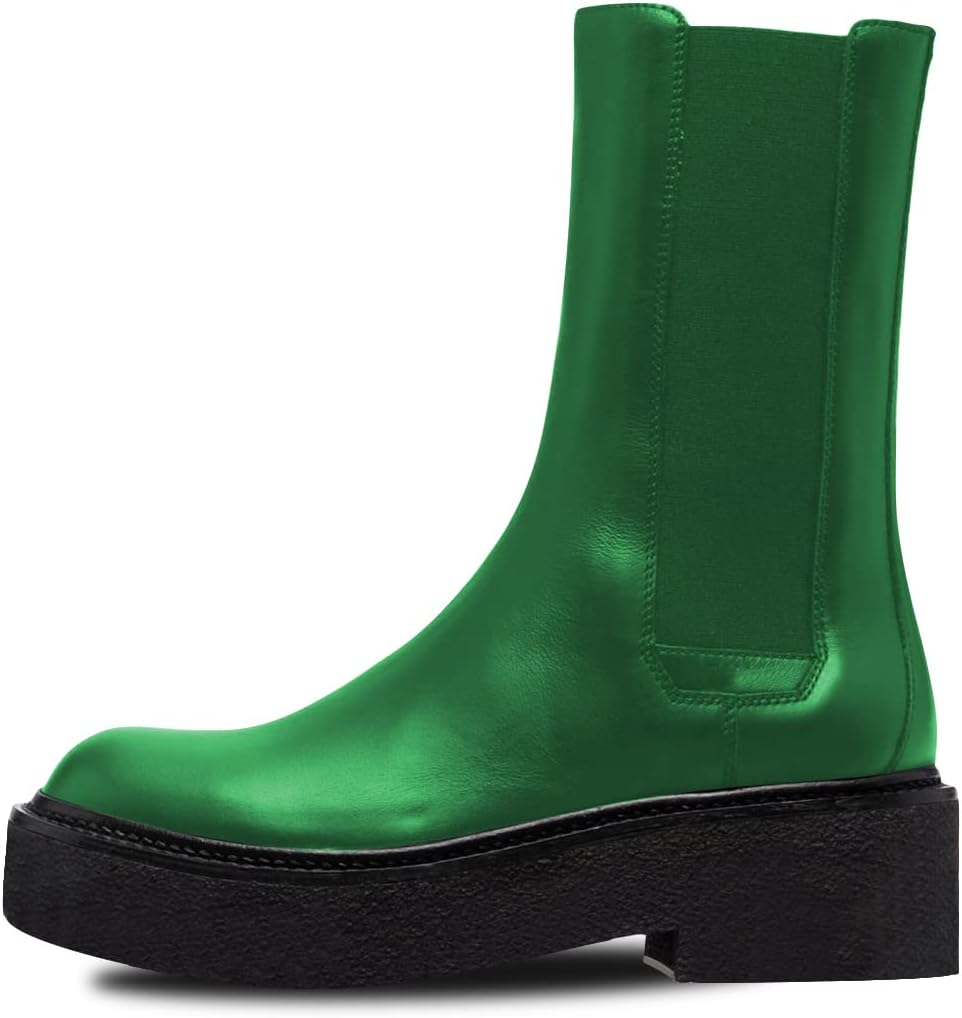 FSJ Women Chelsea Ankle Boots Round Toe Slip On Mid Calf Chunky Low Heel Platform Comfortable Elastic Pull On Fashion Booties Size 4-15 US