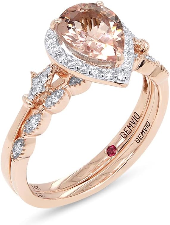 Fleur-de-lis Vintage Style Bridal Set, Pear Cut Natural Morganite 8X6MM Gemstone & Natural Diamond In 14K Solid Gold Engagement Promise Wedding Ring (1.10 Cttw) Valentine's Day Gift For Her
