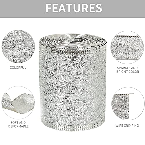 Toniful Christmas Ribbon Silver Wired Edged Ribbons Roll Sparking Metallic Glitter Ribbon 2-1/2 Inch Wide For Xmas Decorations Wreaths Diy Crafts Bows Making Tree Decoration Gifts Wrapping（6.5 Yards） #TOP2