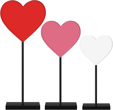 Spiareal 3 Pcs Valentines Day Heart Wooden Sign on Stand Heart Shape Tall Standing Table Signs Love Farmhouse Decorations for Valentines Day Table Party CenterpieceRed White Pink,Lovely