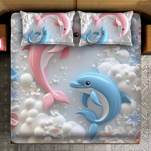 Image of Amazon Brand - Umi 7D Flat Bedsheet Sheet Set, Blue and White Floral Design, Decorative Bedding with Daisy Pattern, Kids Room Decor, 90X100 Inch (Fish)
