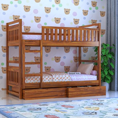 Image of Ganpati Arts Solid Sheesham Wood Swift Bunk Bed Twin Over Bed with Ladder Wooden Bunk Bed with 2 Drawer Storage for Bedroom Living Room Home (Natural Finish)