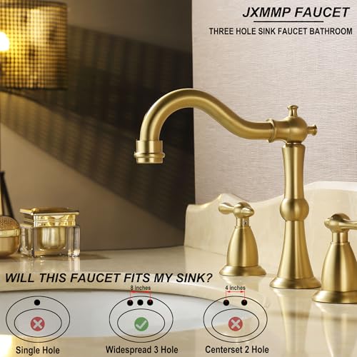 JXMMP Antique Brushed Gold Bathroom Faucet 3 Hole, Widespread Bathroom Sink Faucet with Pop Up Drain and cUPC Supply Hose, Modern 2 Handle Vanity Faucet Gold JXM3073BG by JXMMP - Used condition - Image 5