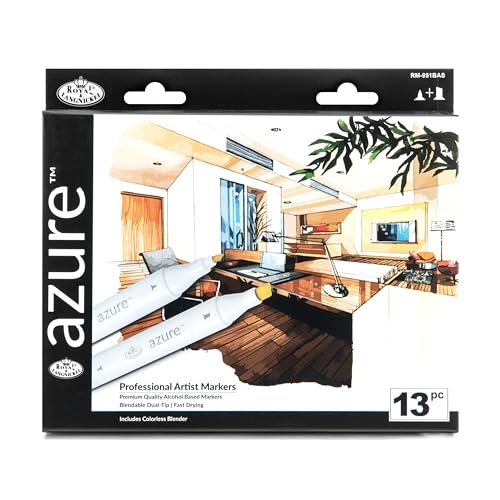 Royal & Langnickel Azure, 13pc Dual-Tip, Alcohol Based Marker Set, Includes - 12 Markers & 1 Blender, Basic Colors