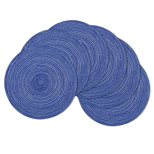 Image of SHACOS Round Braided Placemats 15 inch Set of 6 Washable Kitchen Table Placemats for Home Wedding Party (Blue White, 6)