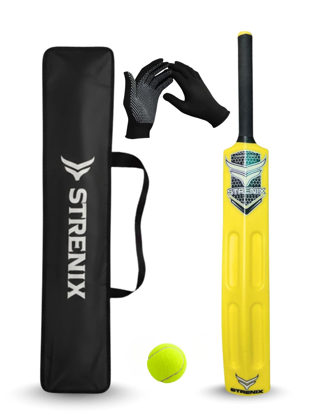 Champion Choice Cricket Plastic Bat Set with Free Carry Bag, Tennis Ball, Batting Gloves, Short and Long Handle Options (Yellow, Long Handle)-picture-20