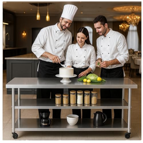 Image of Stainless Steel Table with Wheels for Food Preparation and Work, Multi-Size Optional, Three-Layer Variable Two-Layer Metal Commercial Workbench Outdoor, Restaurant, Kitchen (72 inch Lx24 Wx34 H)