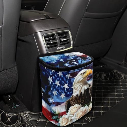 Image of Talayituse Eagle Rose American Flag Print Car Trash Can Portable Auto Garbage Bin Paint Splatter Multifunctional Vehicle Interior Accessories with Adjustable Straps Universal Fit Truck SUV Sedan