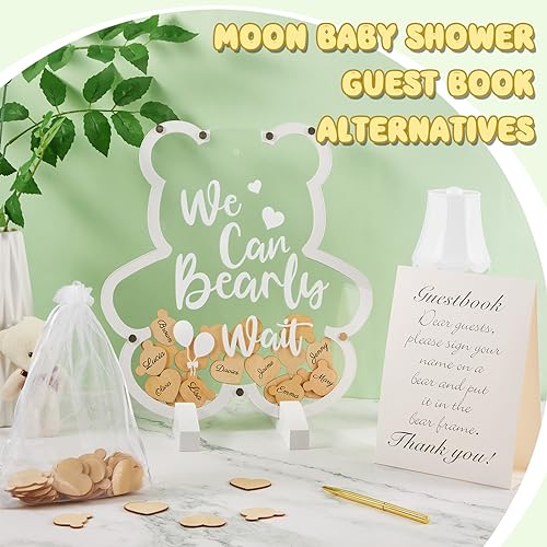 Image of Kosiz Bear Baby Shower Guest Book, We Can Bearly Wait Acrylic Guest Book Alternative with Wooden Hearts for 60 Guests, Baby Shower Sign and Nursery Keepsake for Mom-to-Be
