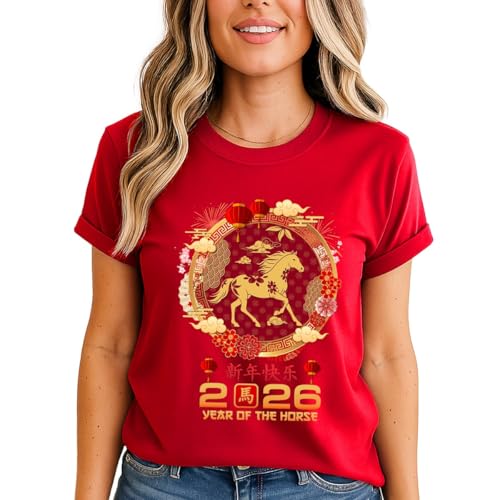 2026 Year of The Horse Xin Nian Kuai Le Womens Graphic T-Shirt Chinese New Year Zodiac Animal Tee 2XL (22-24) Red