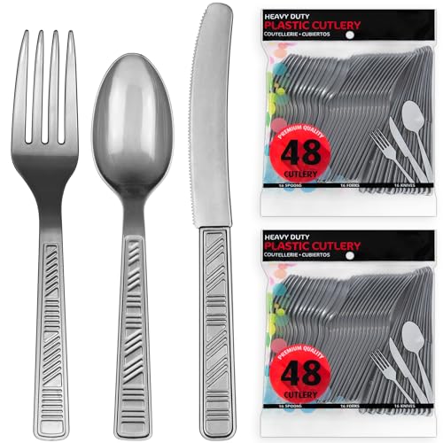 image for DecorRack Plastic Cutlery Set, Silver Colored Plastic Silverware Sets 