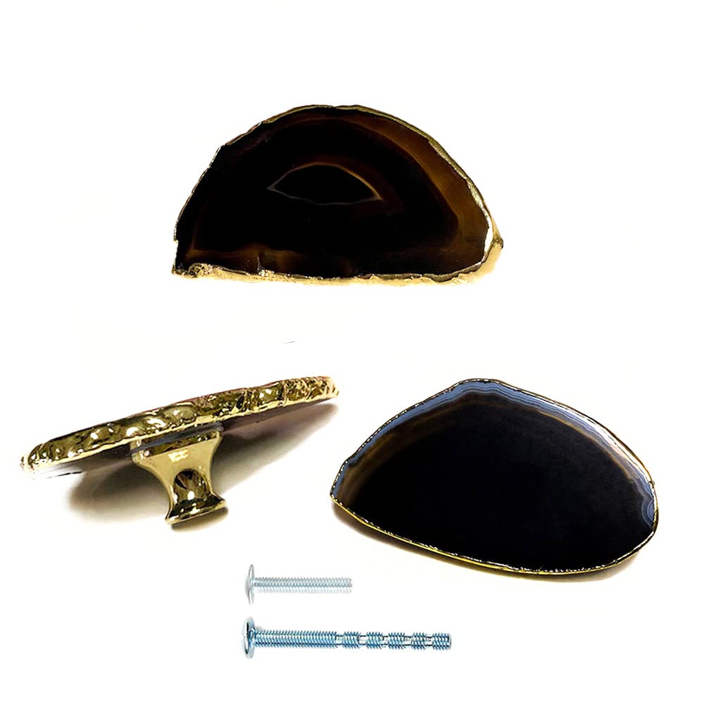 Youyouulu Black Glossy 3Pcs Glossy-Black-Agate-Knobs, Golden-Edges-Onyx-Stone-Drawer-Knobs, Cupboard-Gems-Pulls, Cabinet-Stone-Agate-Handles(Black Glossy) Size 6