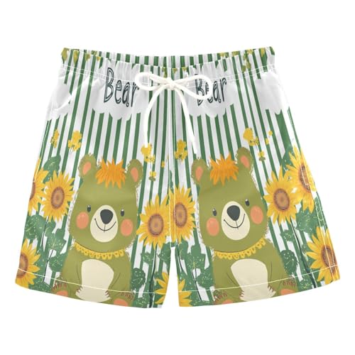 Jucciaco Boys Swim Trunk Bear Sunflower Green Retro Beach Board Shorts Teen Swimwear