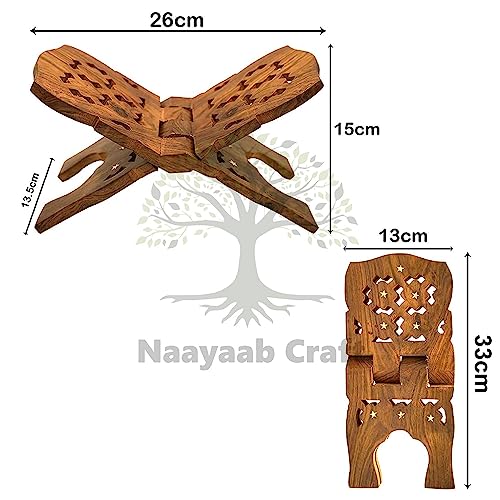 Image of Naayaab Craft Handmade & Handcraft Rehal Sheesham Wood Holy Book Stand Holder for Bible, Geeta, Quran in Folding and Carved Design Book Holder Display Stand - Size (13 Inch)