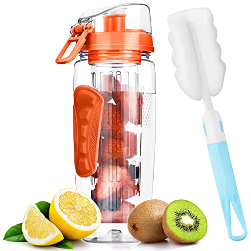 Fruit Infuser Water Bottle 32 OZ, Large Water Bottle Infuser for More Flavor, Durable BPA Free Tritan, Flip Lid, Leak Proof, Cleaning Brush and Recipe for Home Sports Outdoors