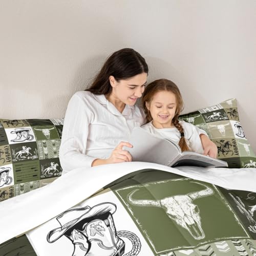 Couette cowboy et 2 taies d'oreiller patchwork vert armée pour lit double enfant